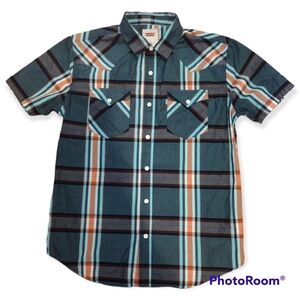 Vintage-Style Levi’s Western Cowboy Shirt | Pearl Snaps | Teal Plaid